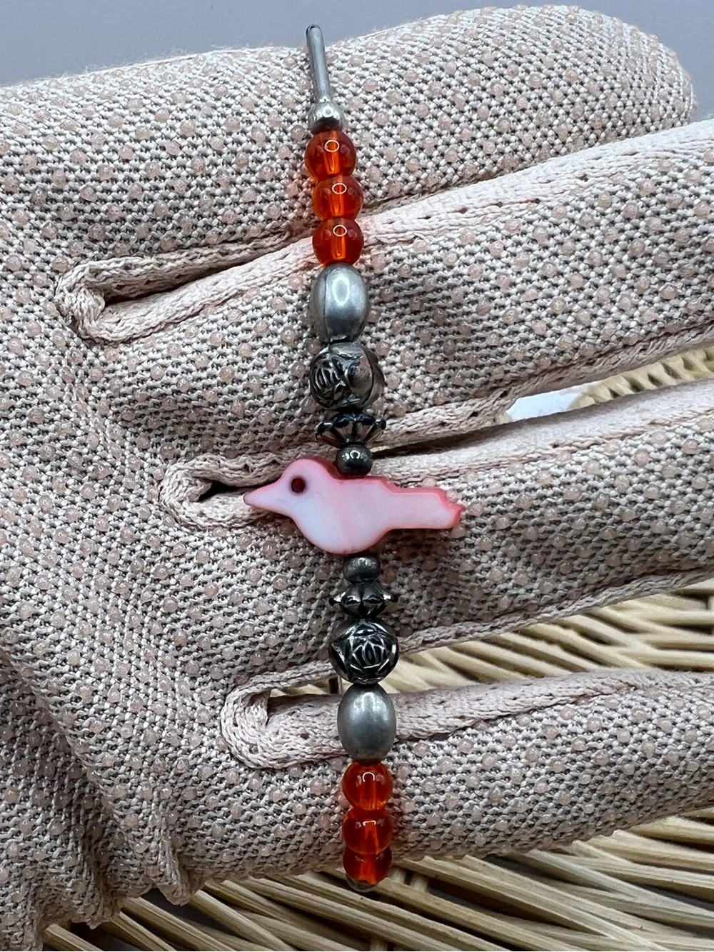Vintage Southwestern Liquid Silver Pink Mother of Pearl Bird Fetish Bracelet